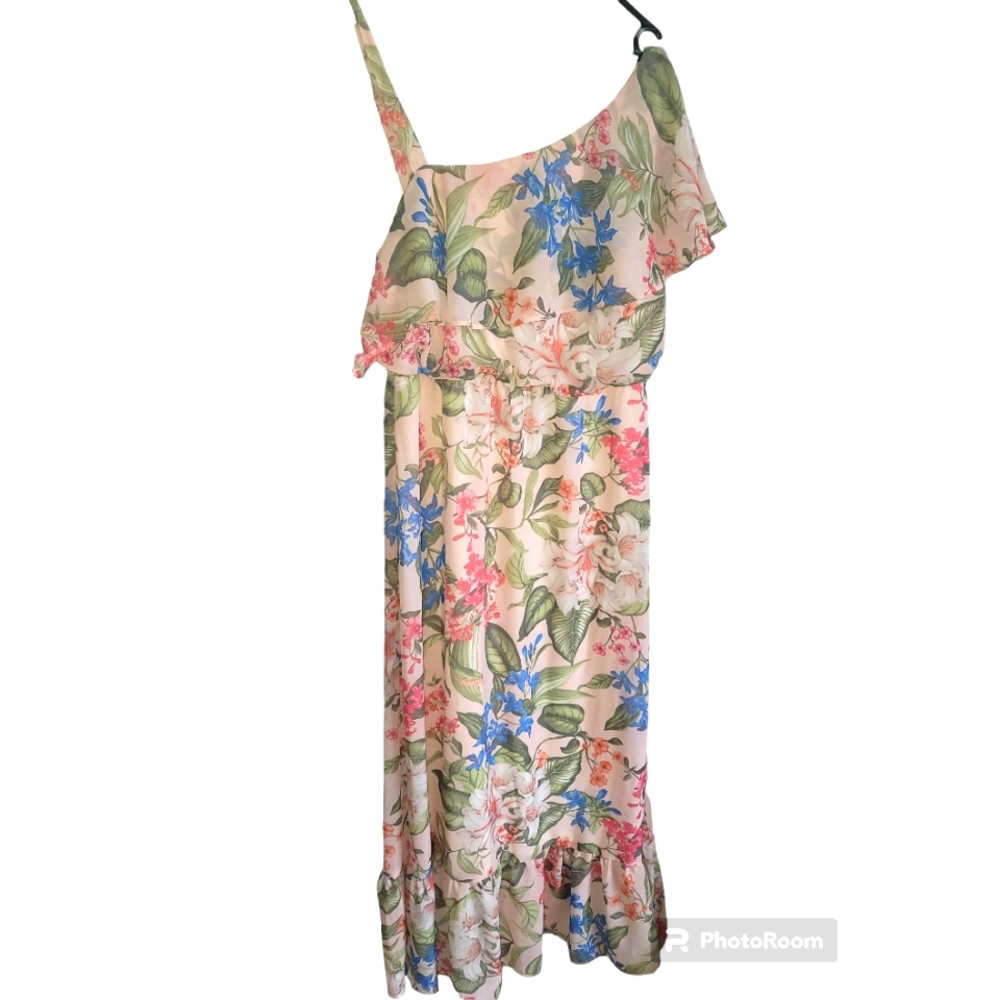 Maxi dress pink floral one shoulder ruffle sz 12